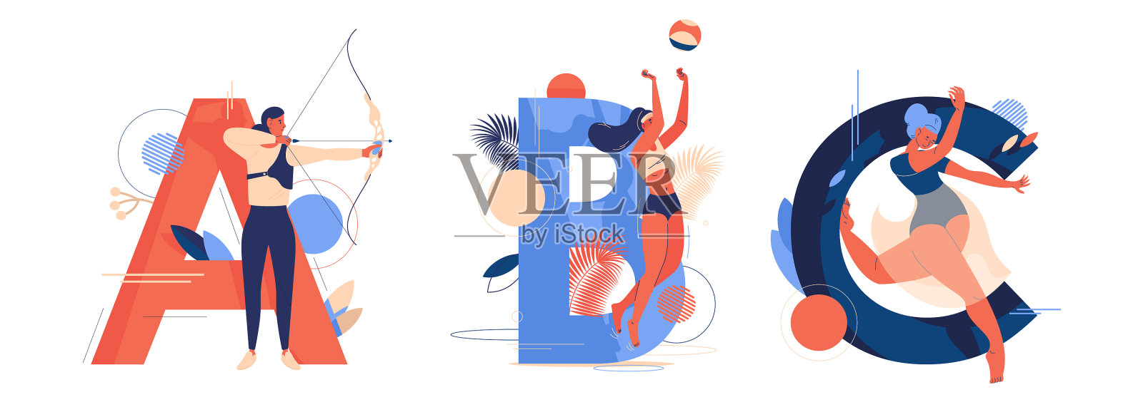 ABC创意字母为各种体育女性插画图片素材