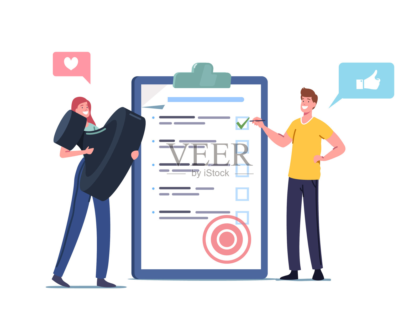 小小的男性女性角色和巨大的邮票架设计元素图片