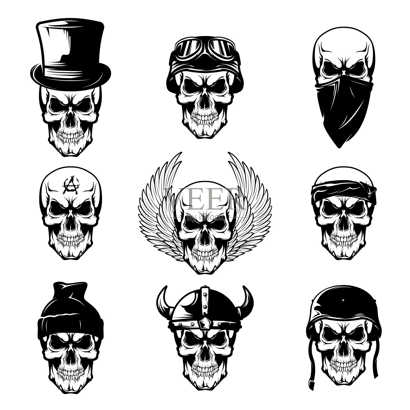 不同的头骨纹身平面图标设置设计元素图片