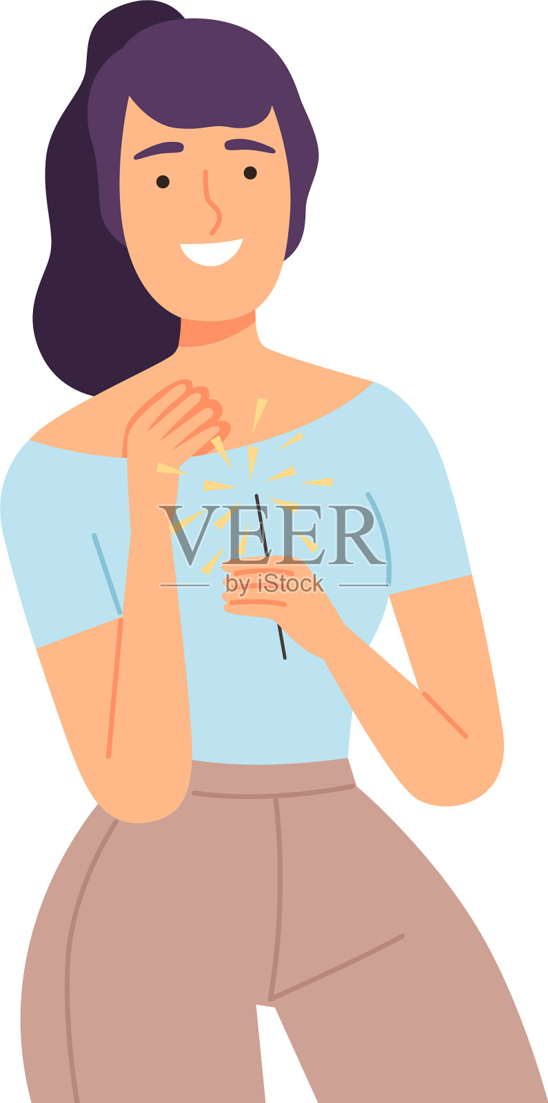 快乐的年轻女子拿着燃烧的烟火设计元素图片