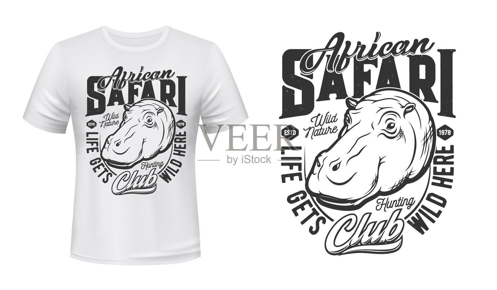 印有非洲狩猎河马吉祥物的t恤插画图片素材