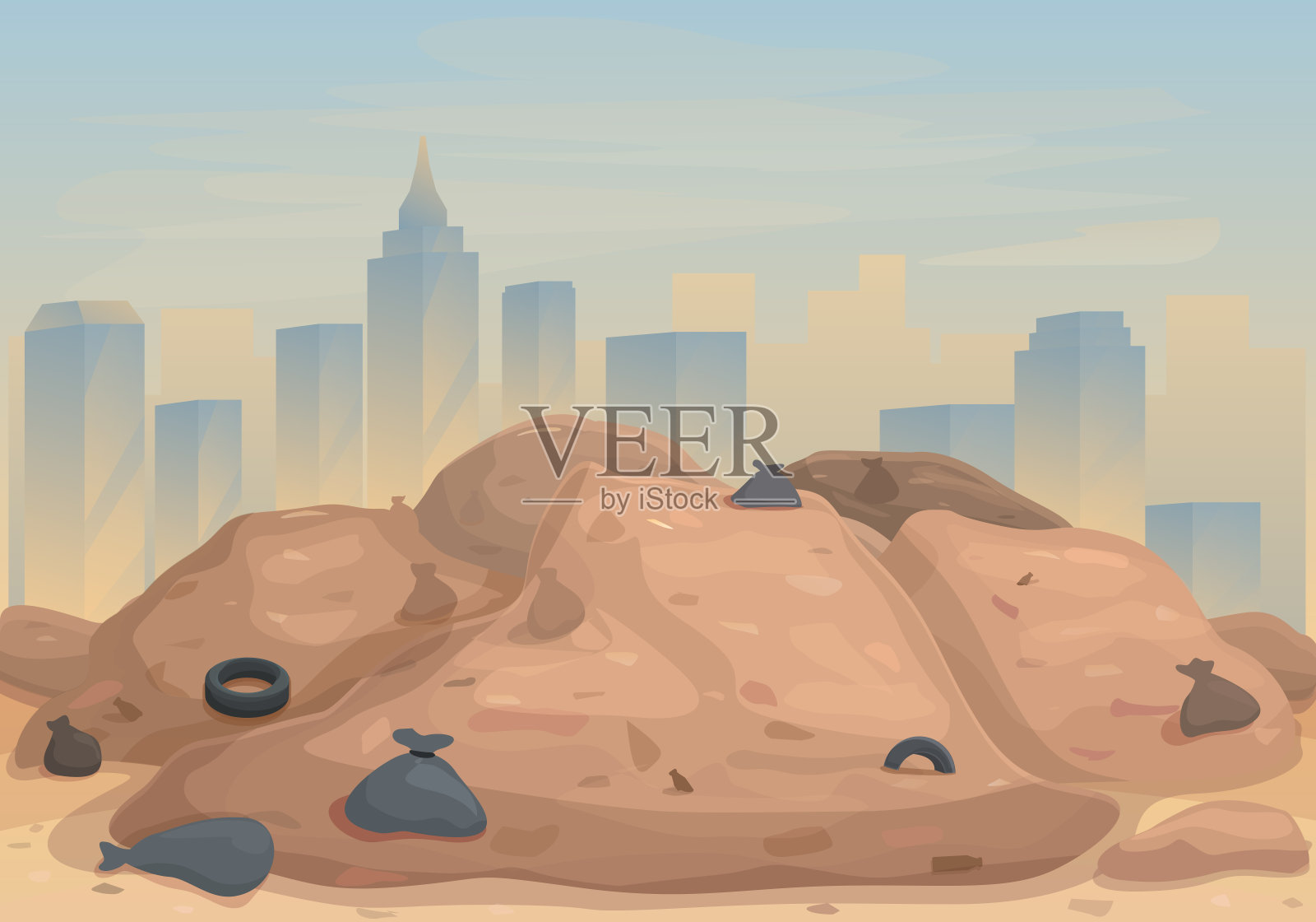 垃圾场背景上的城市全景图，矢量图插画图片素材