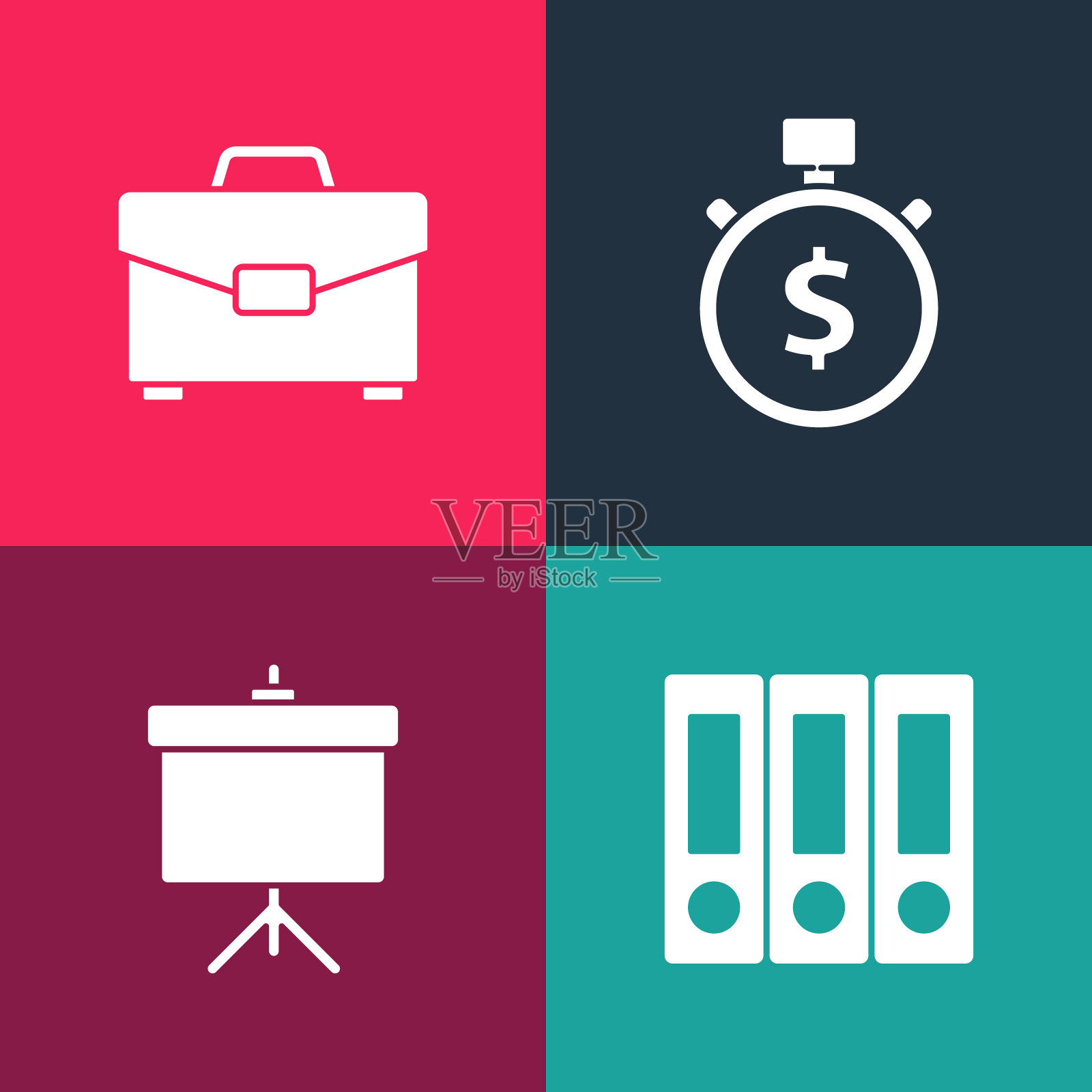 设置流行艺术办公文件夹，黑板与图表，时间就是金钱和公文包图标。向量图标素材