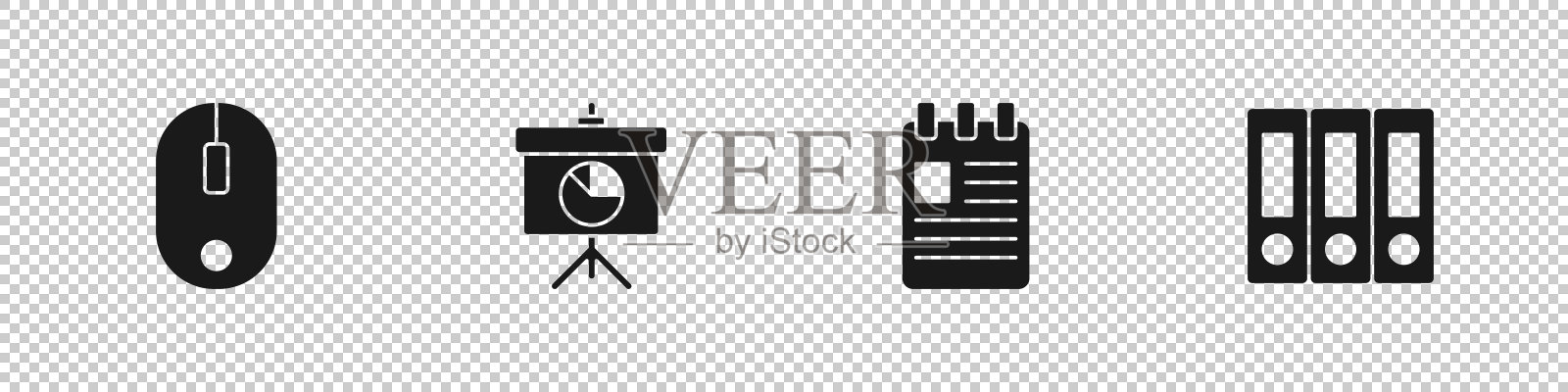 设置电脑鼠标，黑板与图表，螺旋笔记本和办公室文件夹图标。向量图标素材