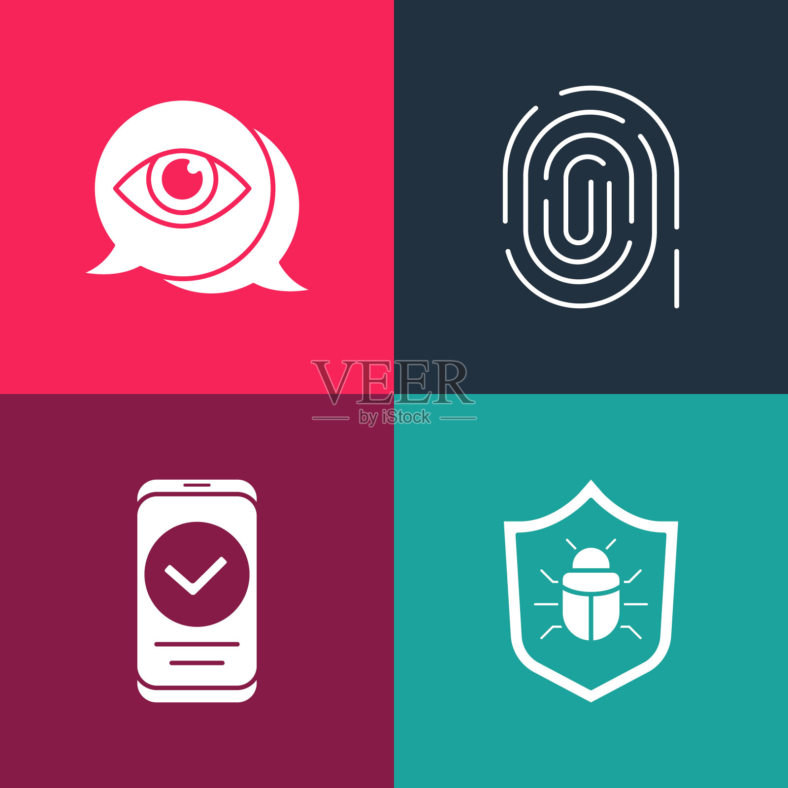 设置流行艺术系统bug，智能手机，指纹和眼睛扫描图标。向量图标素材