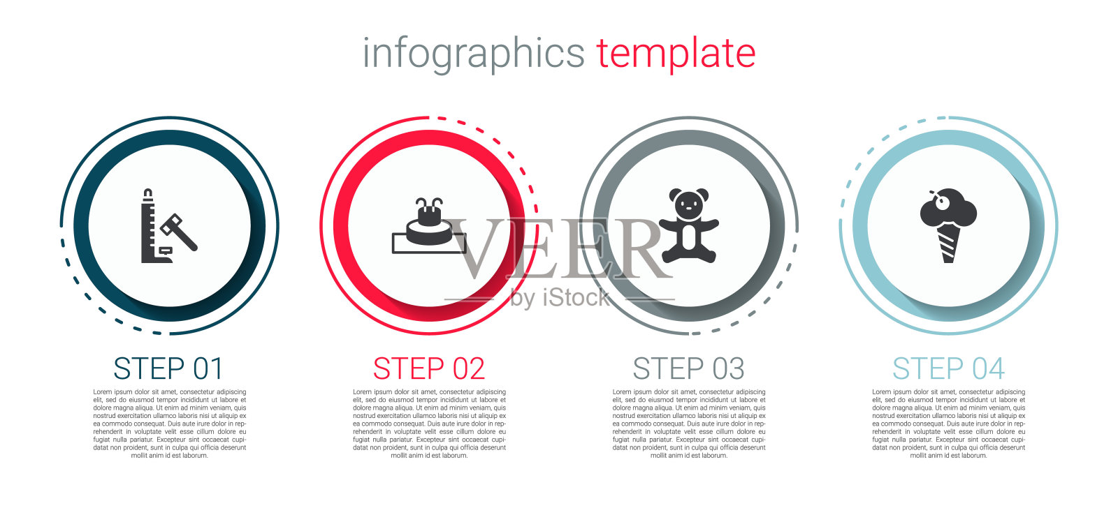 用锤子，喷泉，泰迪熊毛绒玩具和冰激淋蛋筒设置射手吸引力。业务信息模板。向量设计模板素材