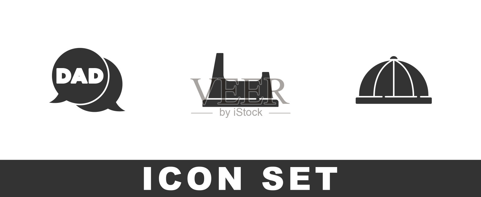 设置语音泡泡爸爸，婴儿便盆和帽子图标。向量图标素材