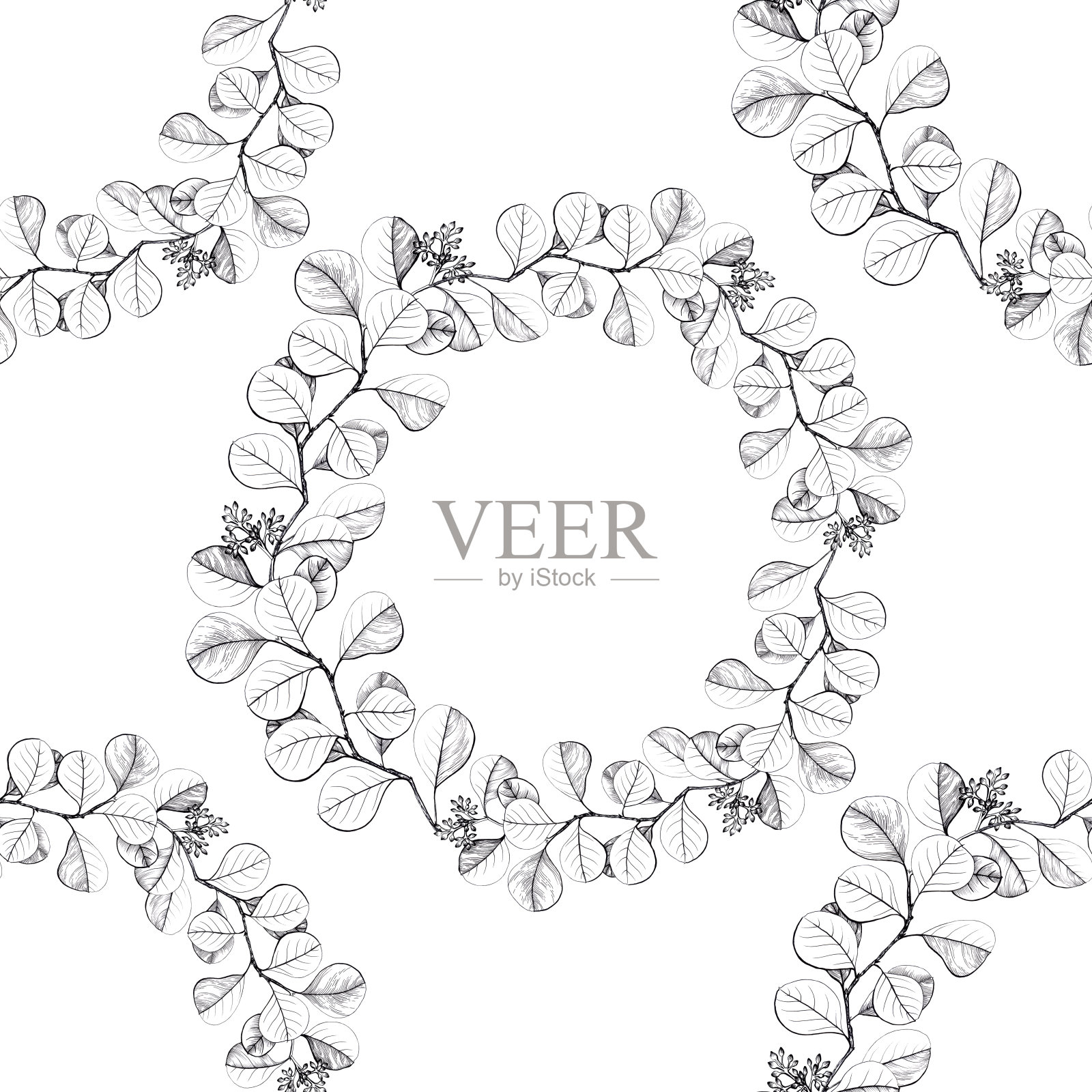 叶子。在一个圆圈内的作文。图形。花卉的动机。无缝模式。使用印刷材料，标志，物品，网站，地图，海报，明信片，包装。插画图片素材