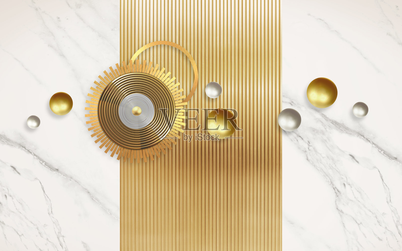 3d现代墙面艺术装饰。白色大理石的背景和3d金色和银色的球体和金色的圆圈。照片摄影图片