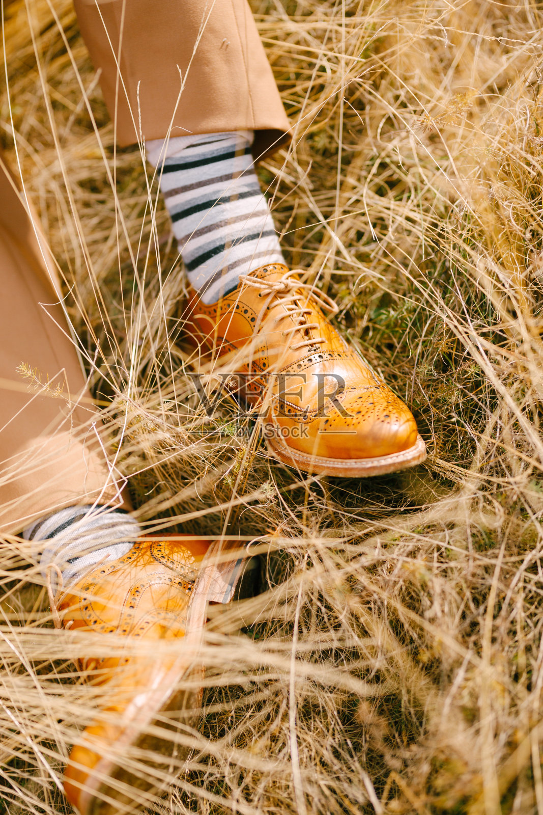 新郎的脚穿着棕色的裤子，条纹的袜子和棕色的鞋子躺在干燥的草地上照片摄影图片