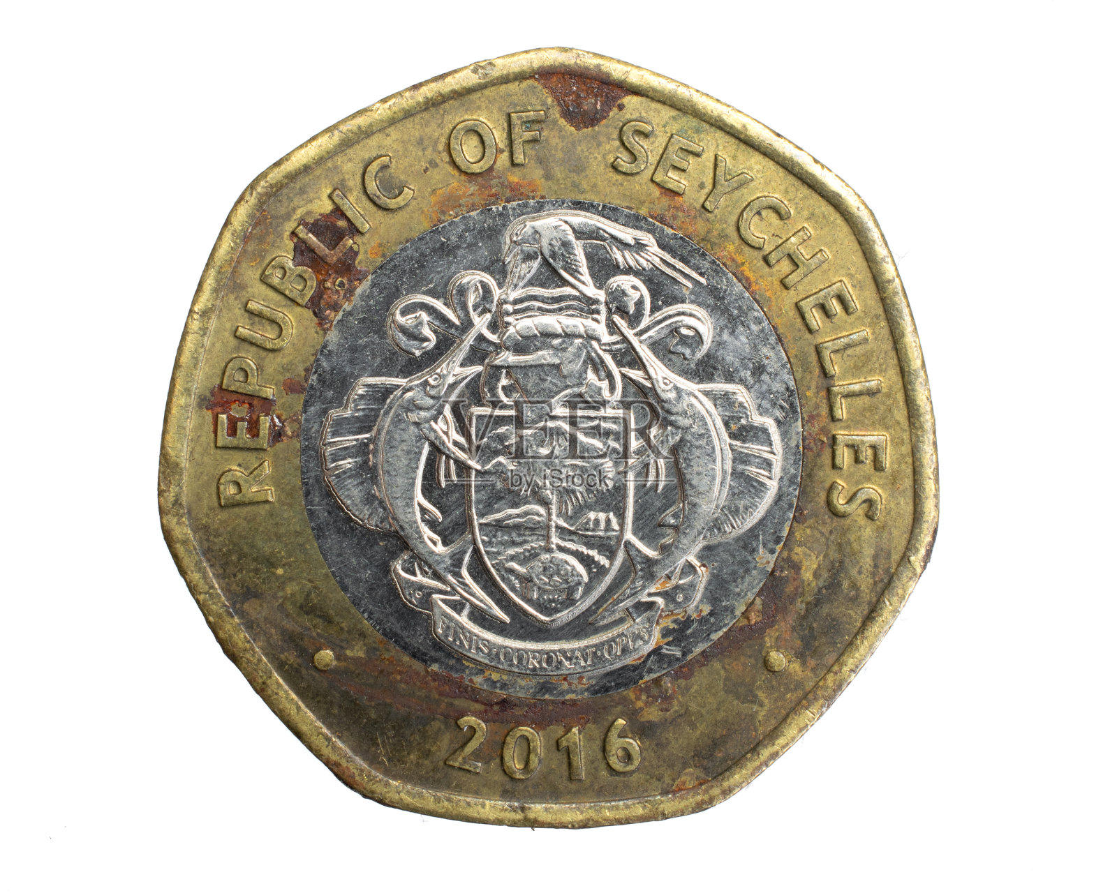 塞舌尔十卢比硬币白色孤立背景照片摄影图片