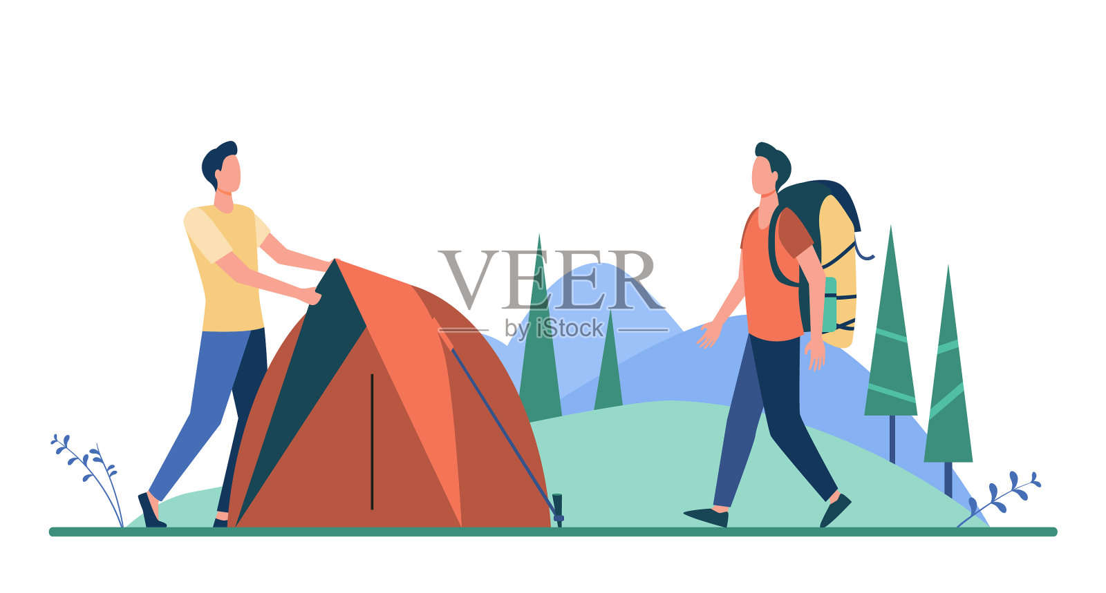 两名游客在草地上搭帐篷设计元素图片