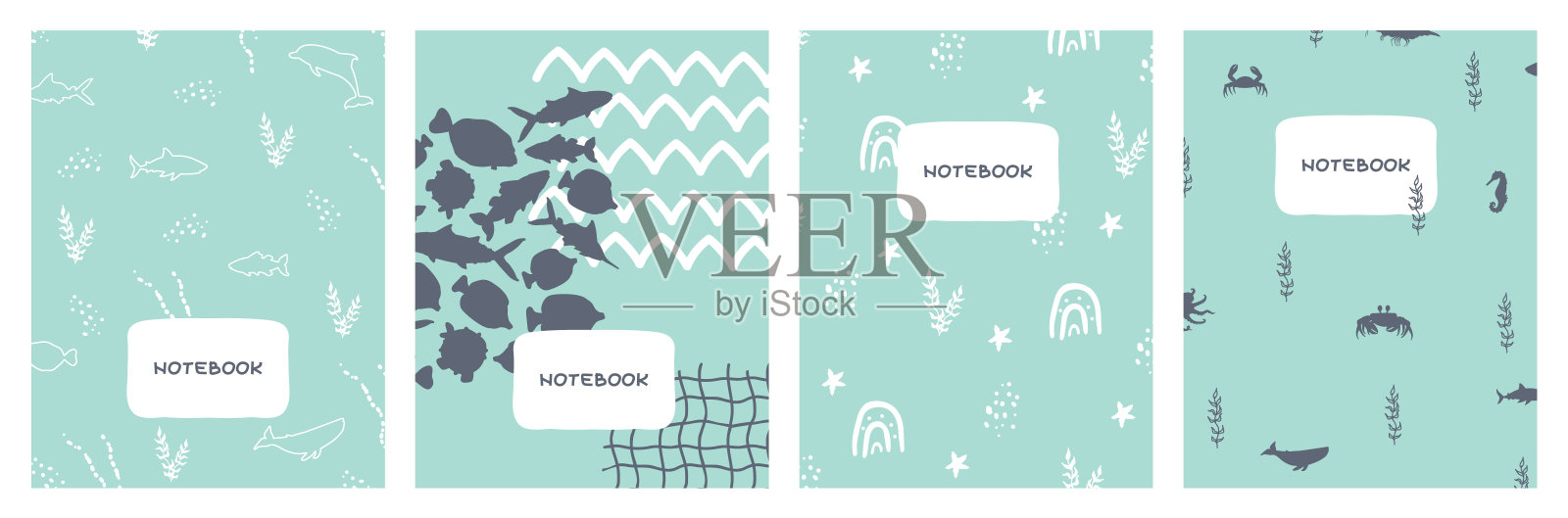 现代抽象的蓝色海洋套设计。可爱简单的几何背景，矢量插图的笔记本，计划，书籍，小册子，目录插画图片素材