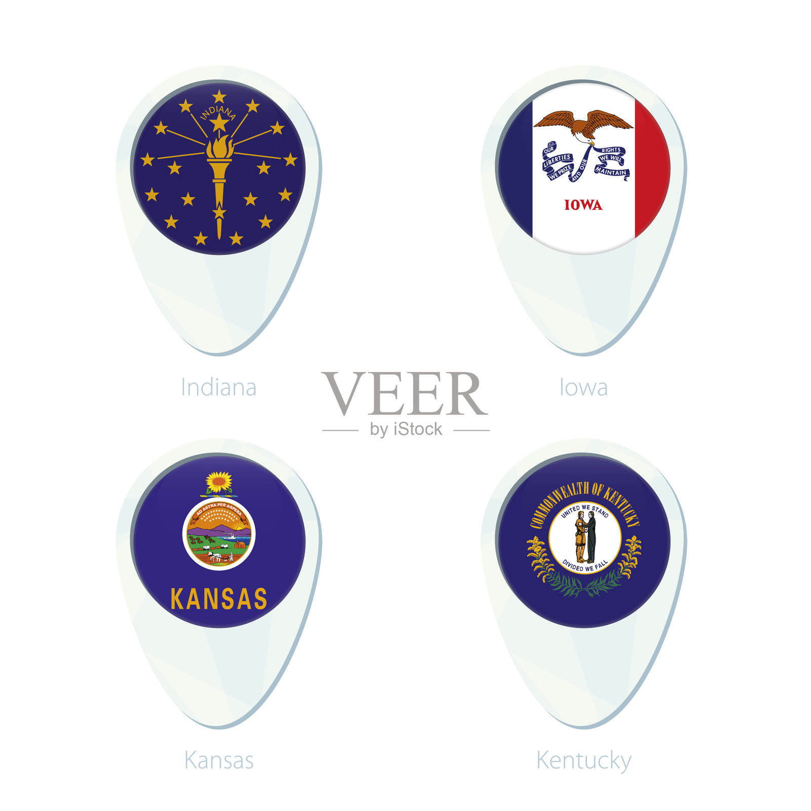 印第安纳州，爱荷华州，堪萨斯，肯塔基州国旗位置地图插画图片素材