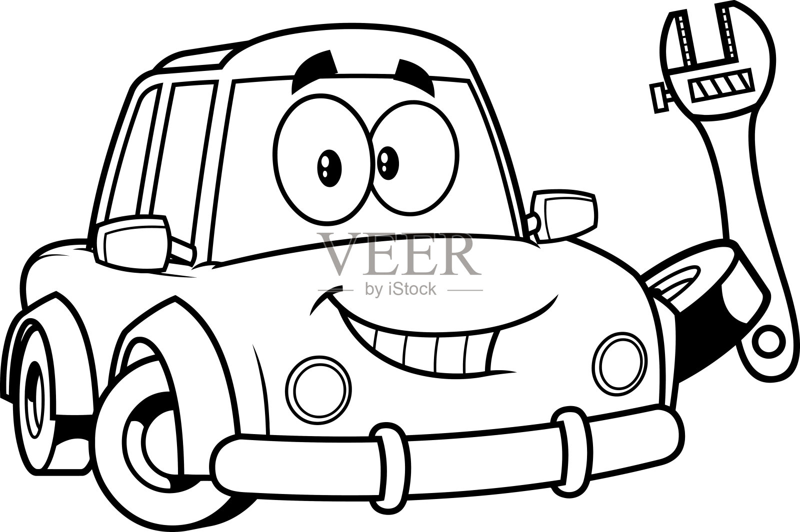 勾勒出可爱的汽车卡通人物举着一个扳手设计元素图片