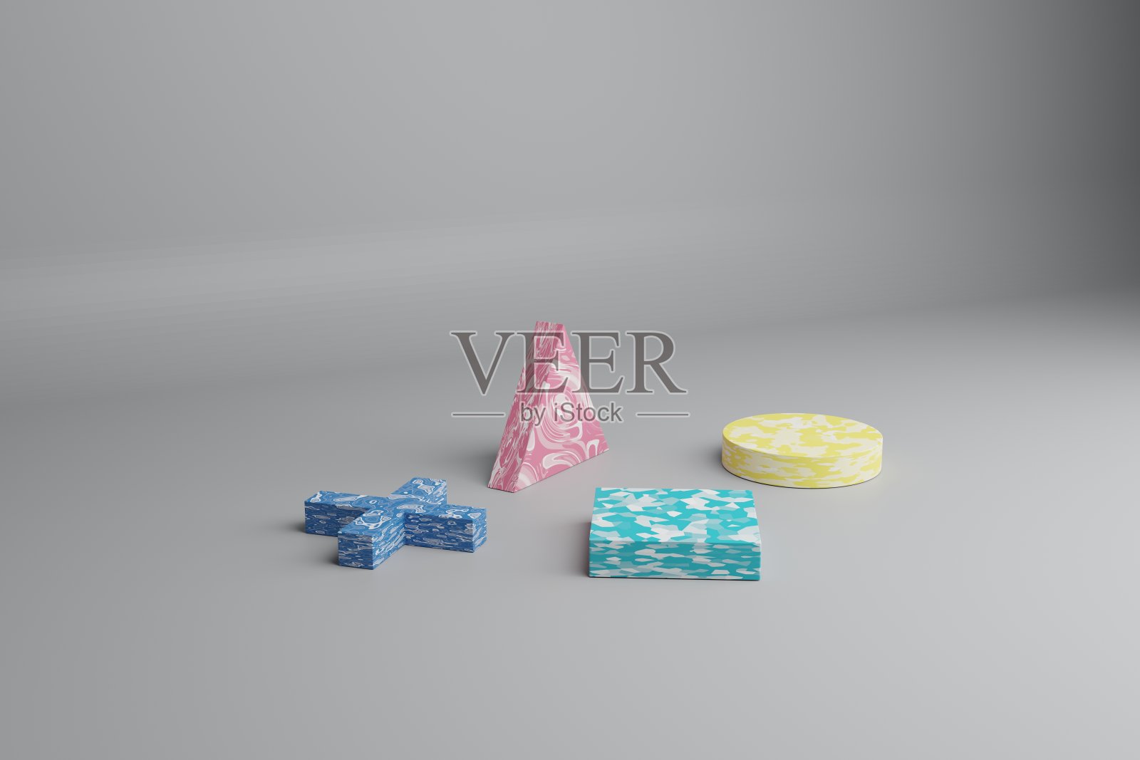 3d渲染抽象的最小场景与灰色背景上的多色几何形式。空白展示模型，空白舞台用于产品展示，插图等。照片摄影图片