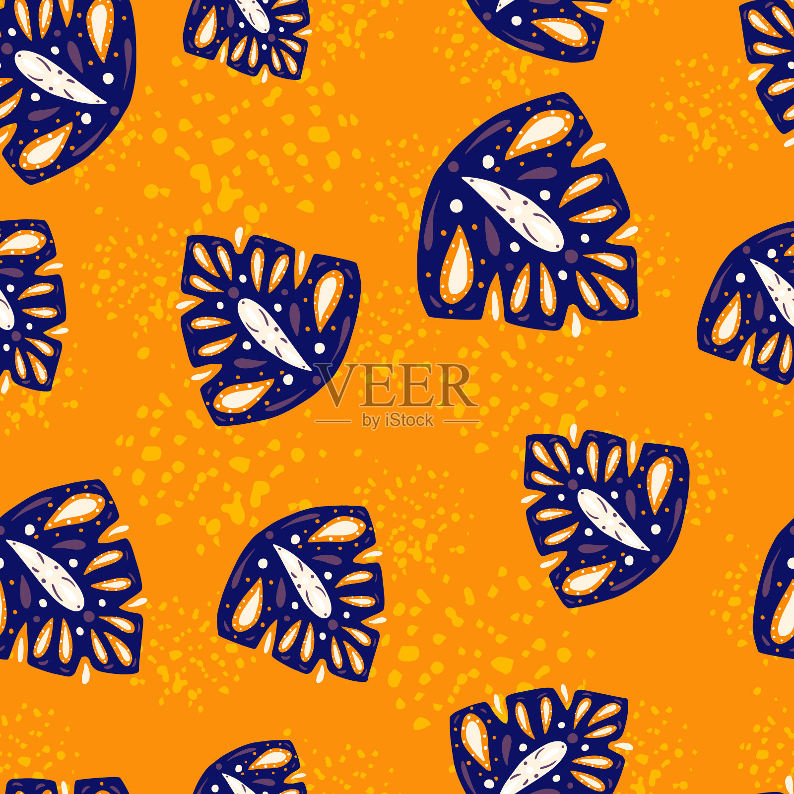 叶抽象无缝图案与海军蓝随机怪兽民间形状。橙色背景。插画图片素材