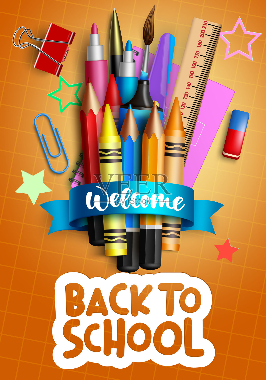 回到学校矢量海报设计。欢迎回到学校文本与教育用品元素在黄色网格模式的学生用品项目背景。插画图片素材