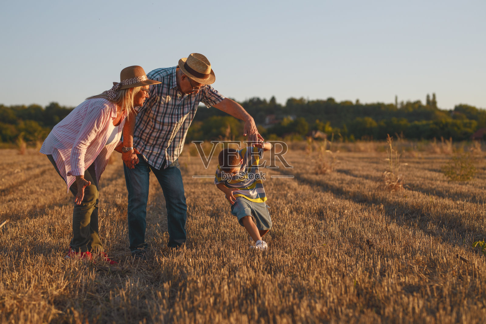 爷爷奶奶和孙子一起散步。他们在草地上玩耍，在夏日的夕阳中嬉戏。照片摄影图片