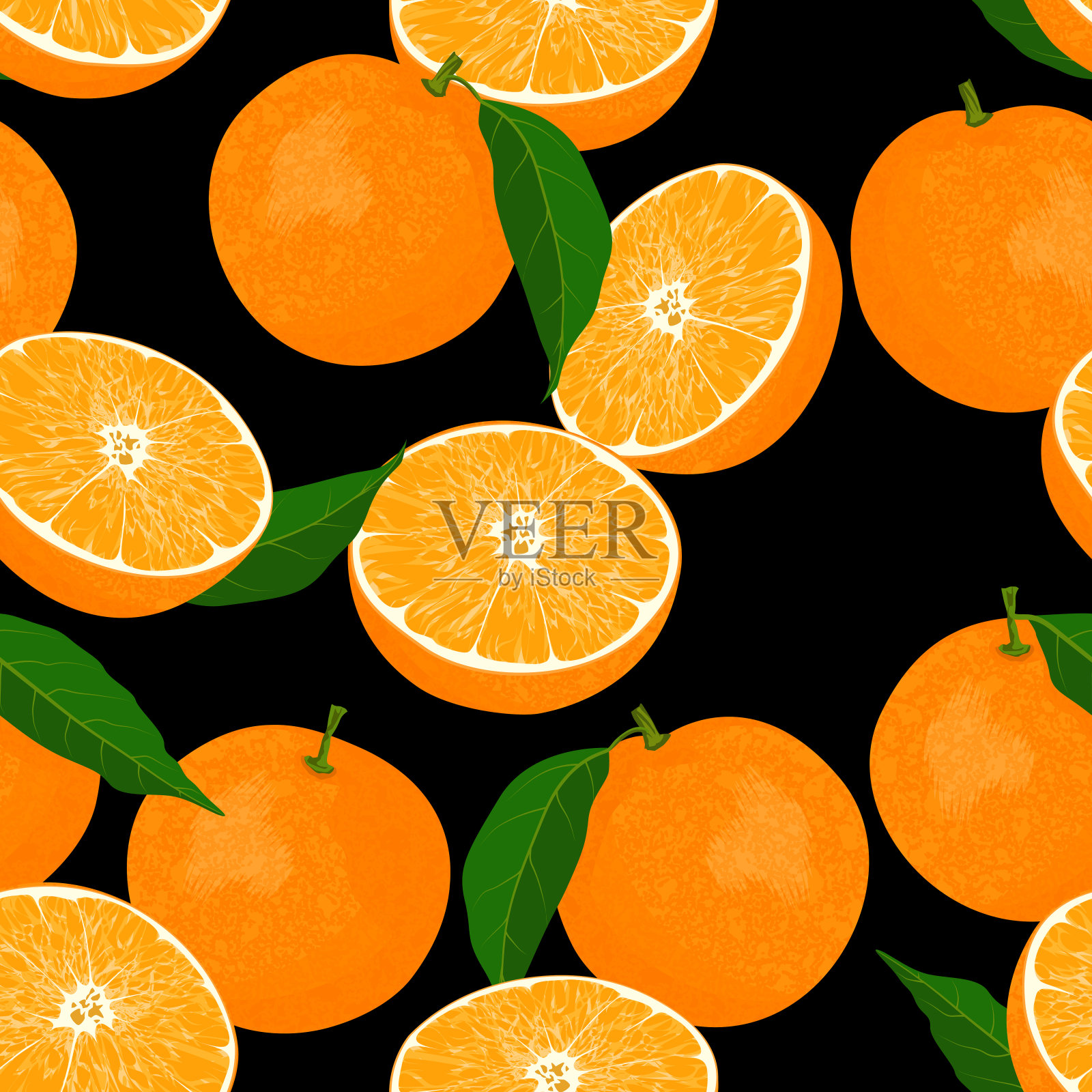 无缝背景与橙色和叶子上的黑色。设计元素图片