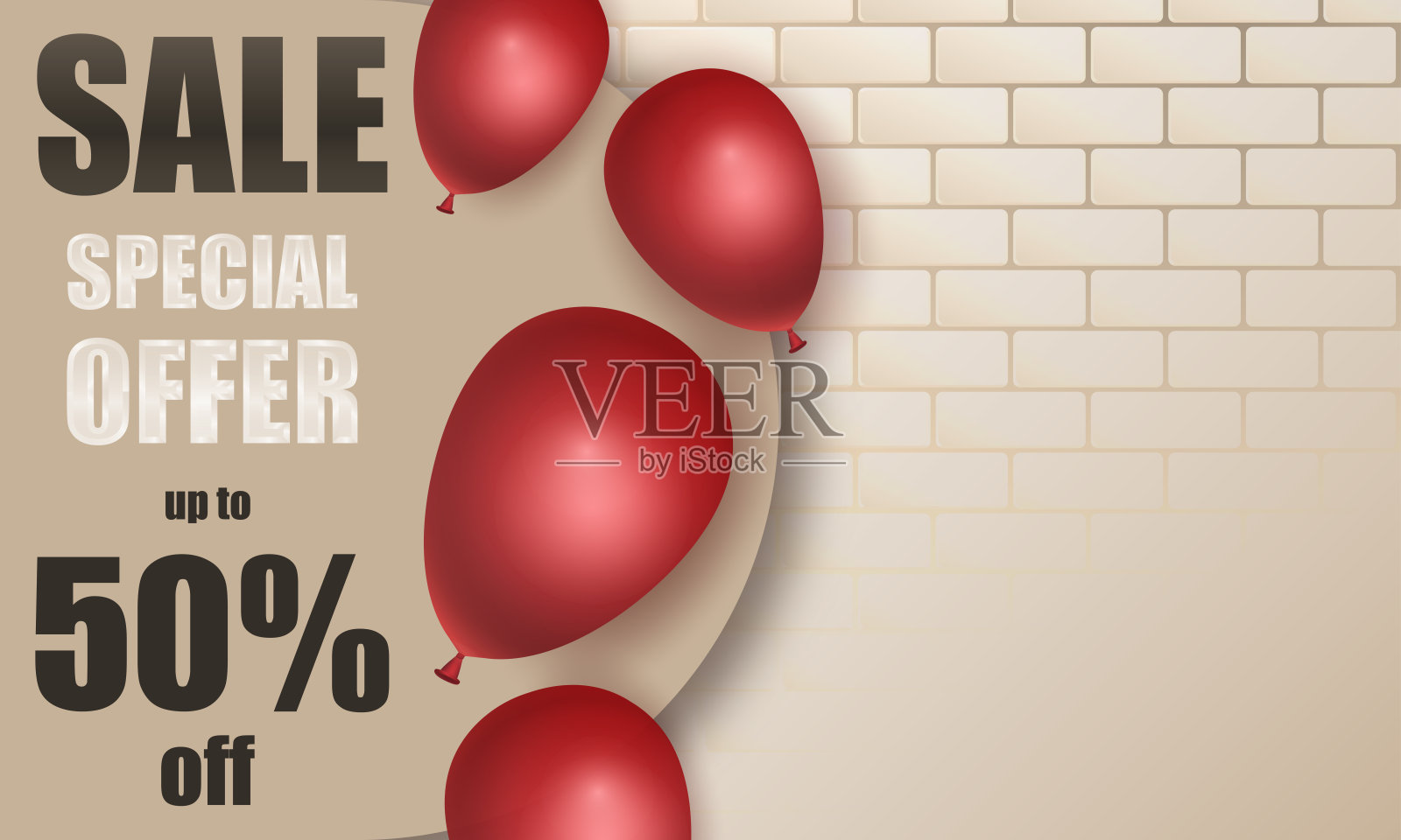 特价出售。米色砖墙上逼真的红色气球。设计元素图片