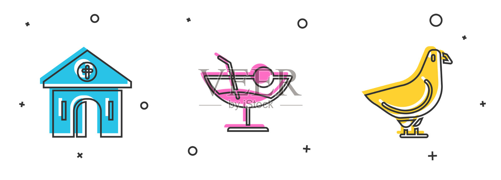 设置教堂建筑鸡尾酒和鸽子图标图标素材