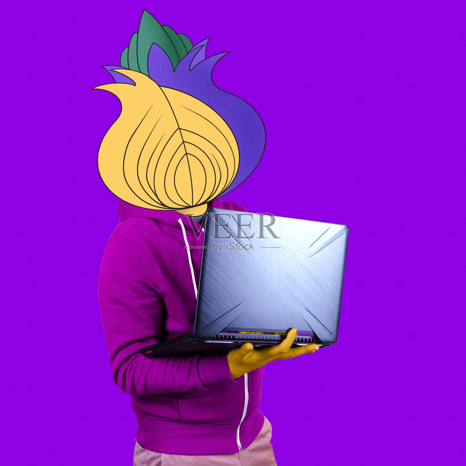 概念艺术拼贴。紫色背景的洋葱人电脑显示。照片摄影图片