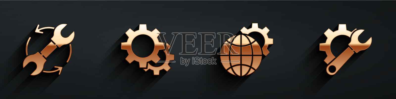设置扳手和箭头为工作流程齿轮地球仪图标素材