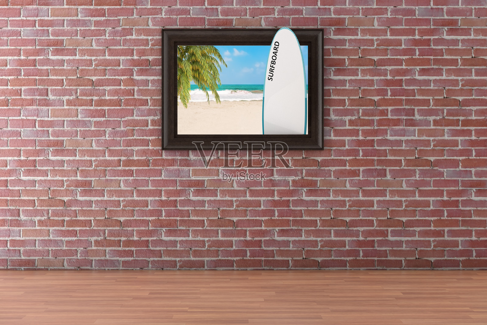 海滩与棕榈和冲浪板海报画框挂在红砖墙的背景。3d渲染照片摄影图片