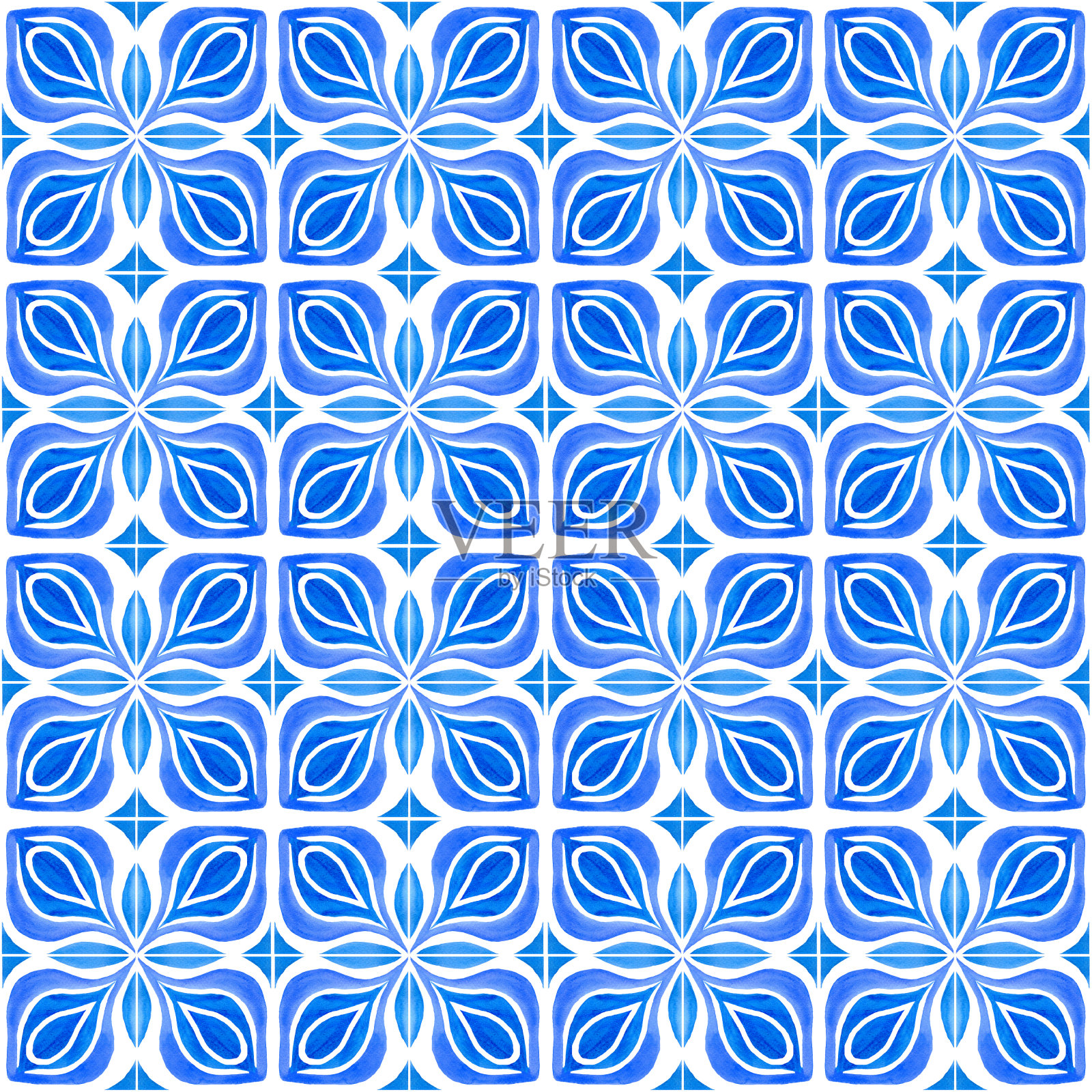 水彩蓝色瓷砖无缝模式孤立的白色背景。手绘民间装饰画。插画图片素材