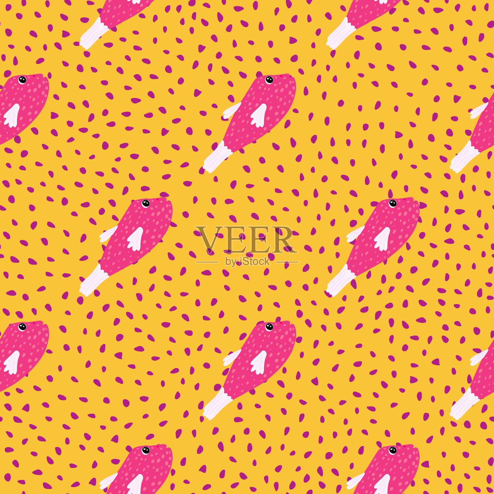 粉色抽象简单的鱼轮廓无缝图案涂鸦风格。橙色点缀背景。插画图片素材