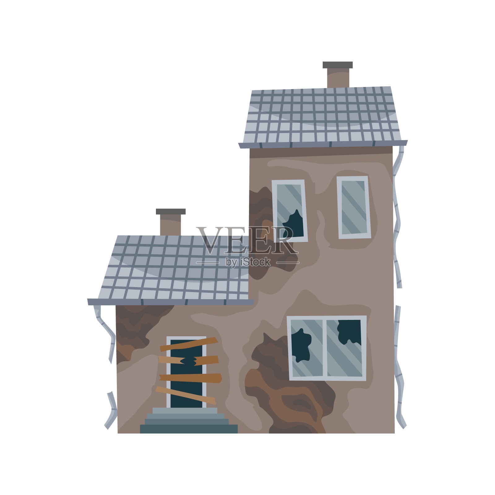 旧的风化的房子或住宅。破旧的废弃房屋。破旧的老建筑，破损的屋顶，破旧的墙壁和外观。孤立的被忽视的财产插画图片素材