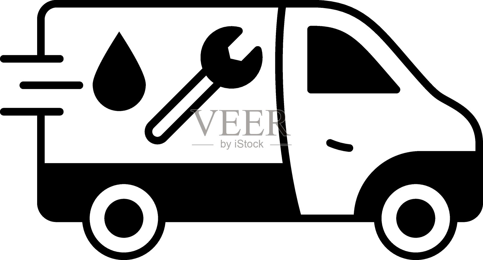 快速管道服务面包车概念，扳手和水滴标志提供紧急维修在白色背景插画图片素材