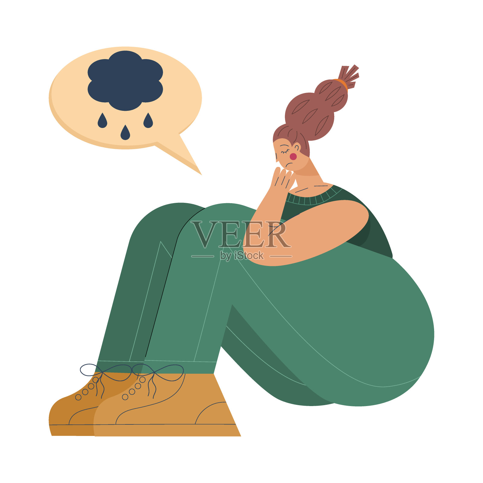 疲惫的女人沮丧地坐在地上，思绪混乱。情绪倦怠或精神失常。矢量图，白色背景插画图片素材