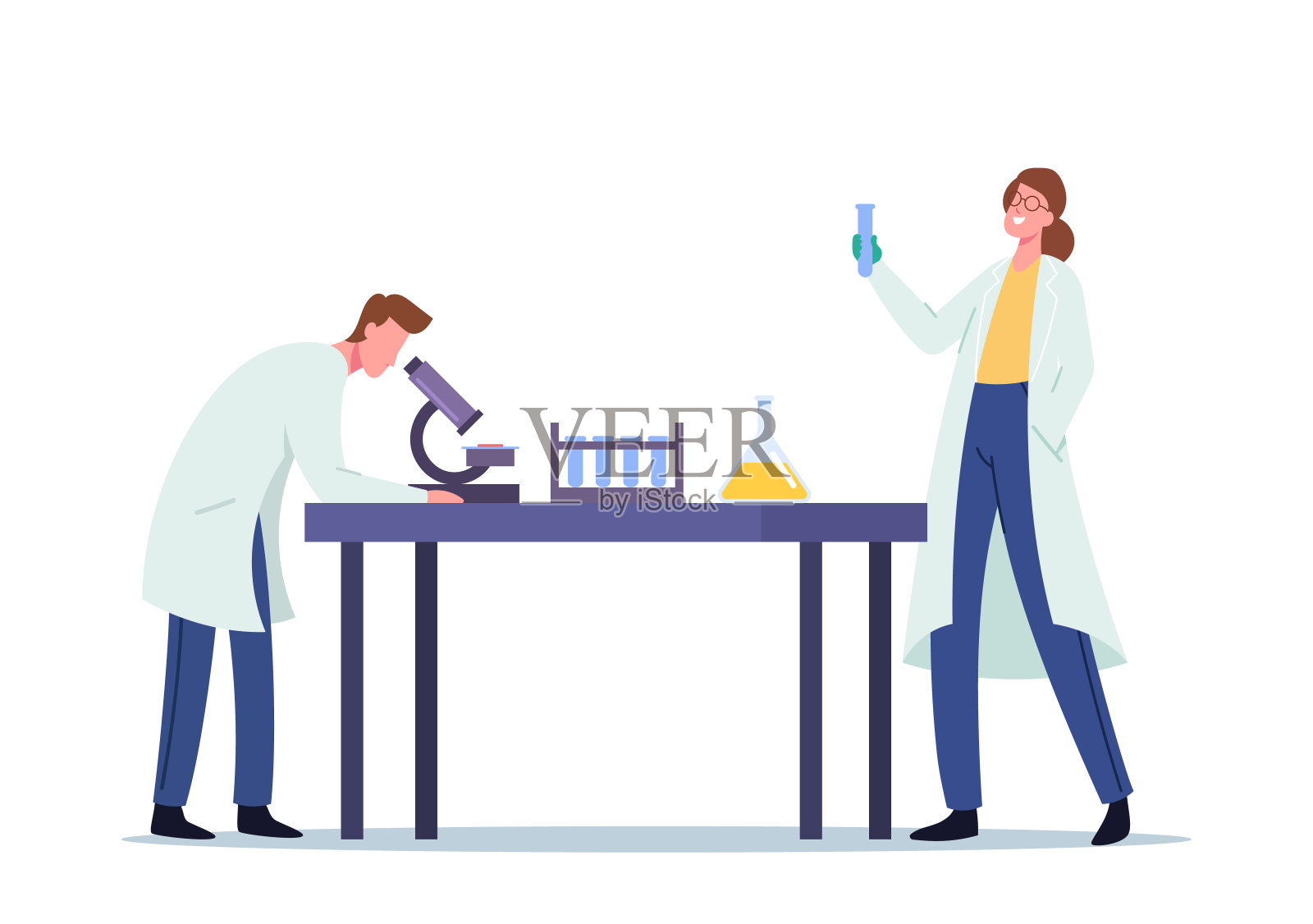 科学家在科学实验室进行实验和科学研究，男人在显微镜下看，女人拿着烧瓶插画图片素材