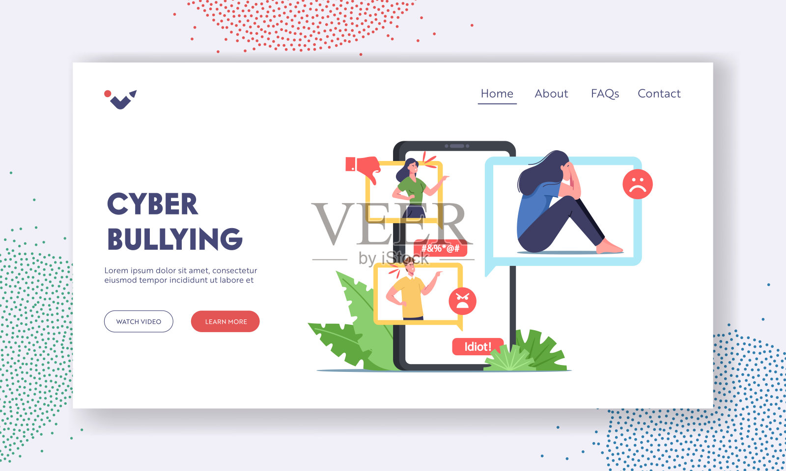 网络欺凌攻击登陆页面模板。在互联网上嘲笑女人的恶霸仇恨者或喷子。少女哭泣插画图片素材