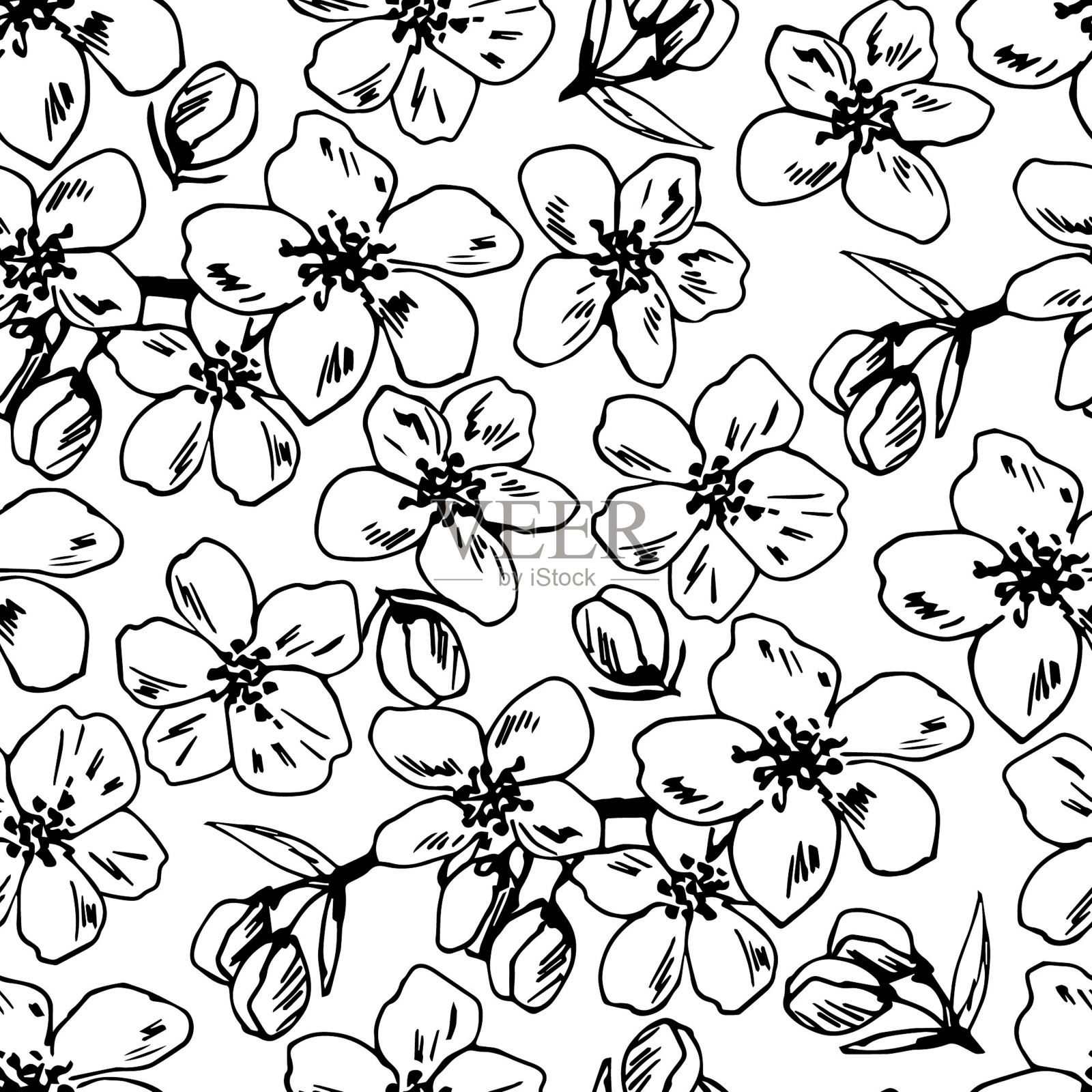 手绘花黑白矢量无缝图案在雕刻风格。樱花的枝、花、花瓣、叶。适用于织物印花、纺织品、包装。季节性弹簧的设计。插画图片素材