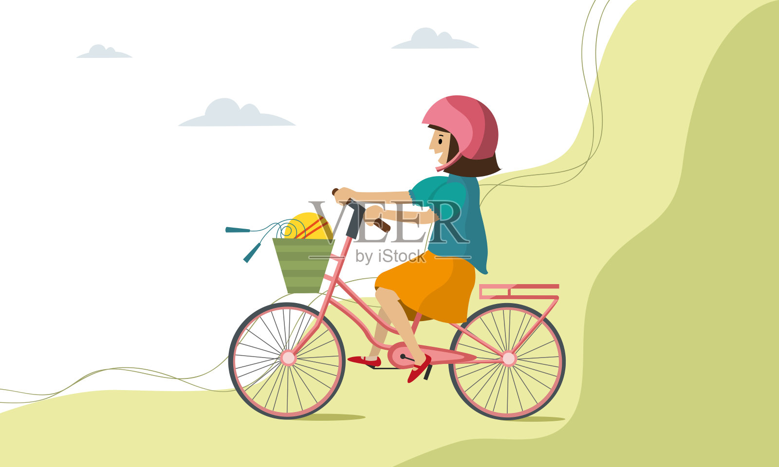 快乐的小女孩骑着自行车对着大自然微笑。矢量图像。设计元素图片