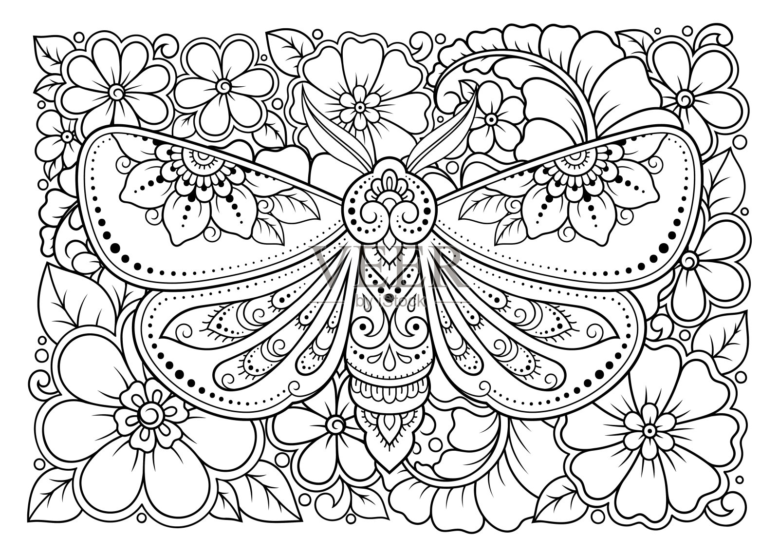 蛾子装饰与印度民族花卉复古图案。手绘装饰昆虫涂鸦风格。风格的曼海迪装饰纹身，打印，房间，封面，书和着色页的设计。插画图片素材