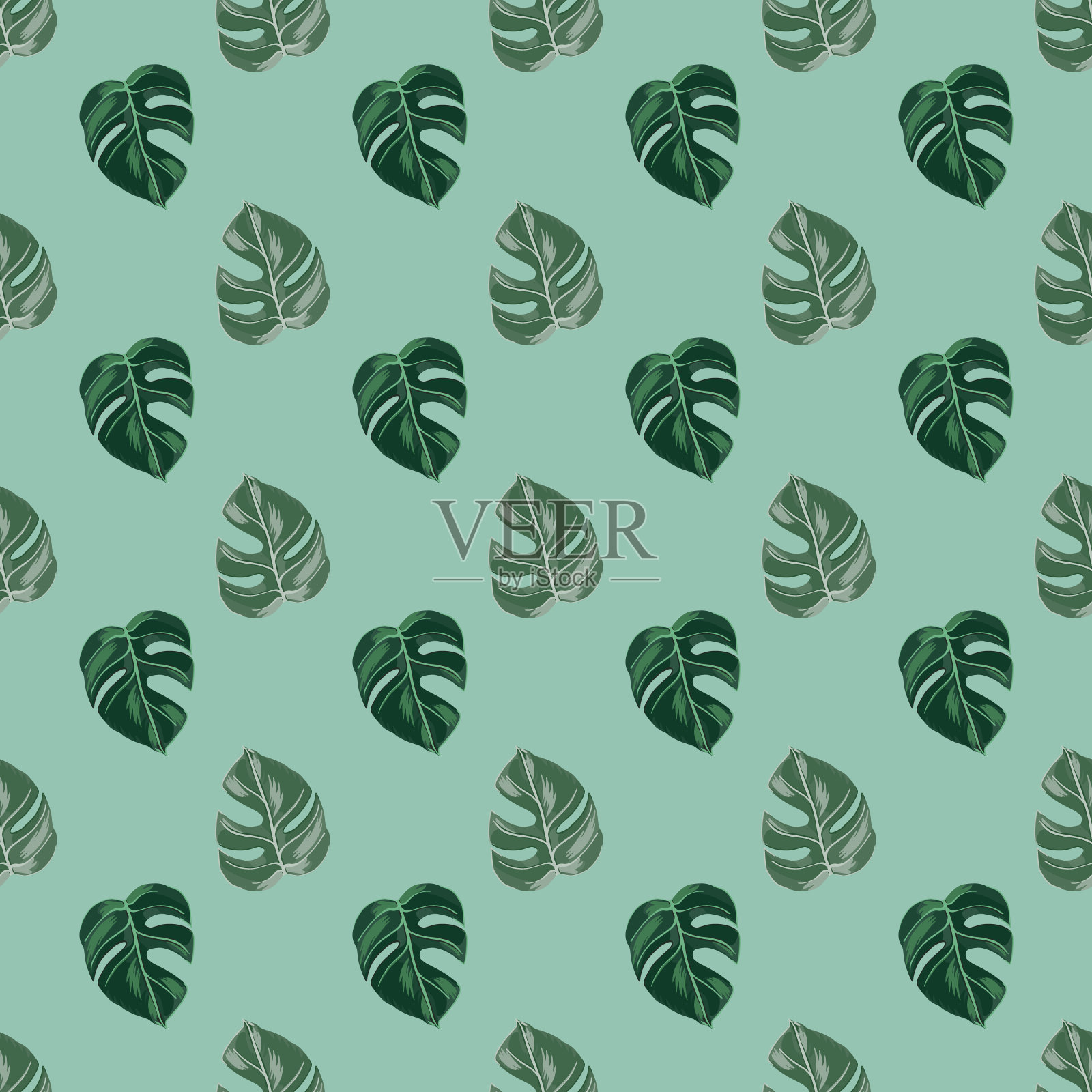 简单风格无缝图案与植物手绘怪物形状印花。蓝色背景。插画图片素材