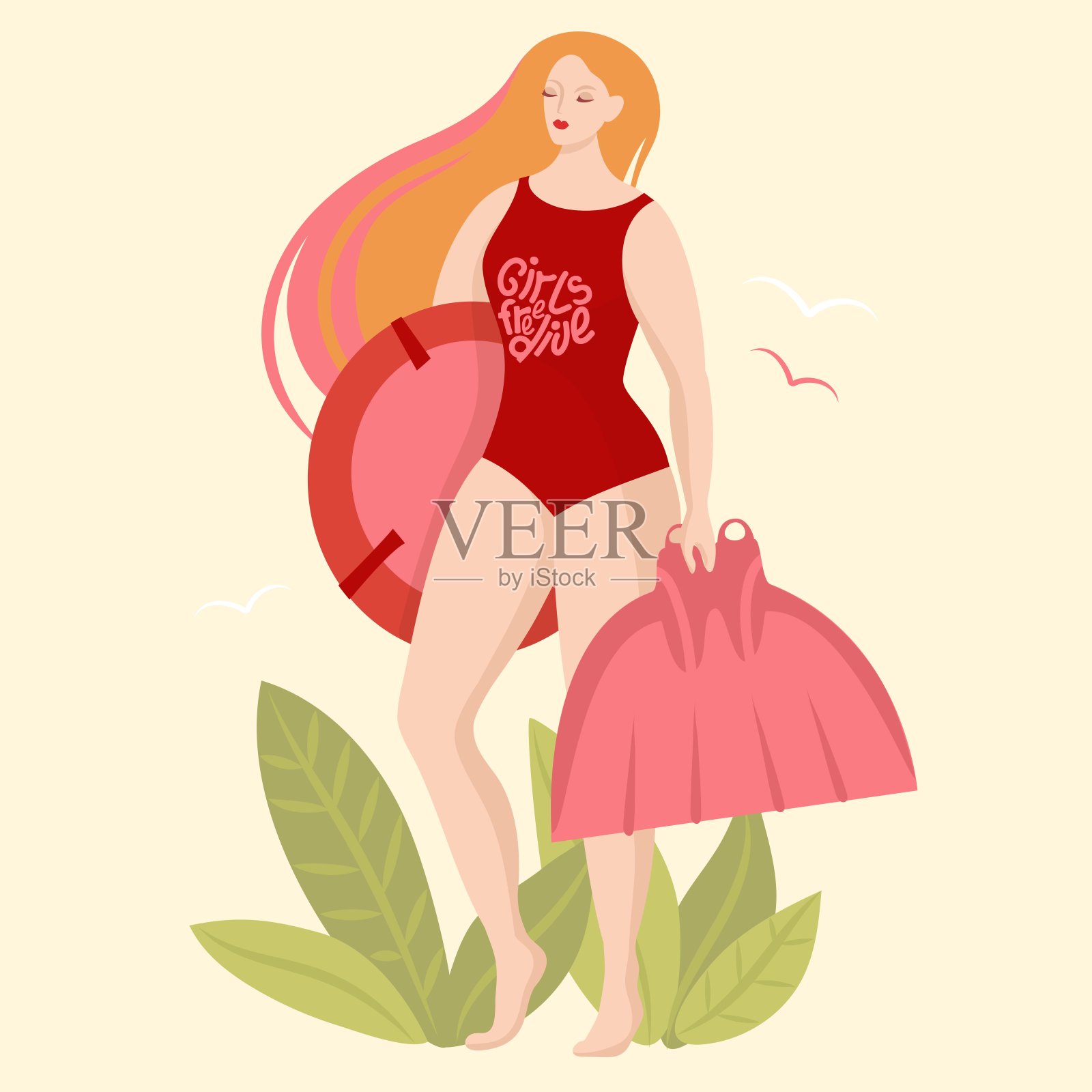 女孩自由潜水员单鳍和潜水浮标。孤立在灰色背景，树叶，鸟类。手淹没矢量插图。旅游，发现，冒险，潜水，浮潜。女孩的力量。插画图片素材