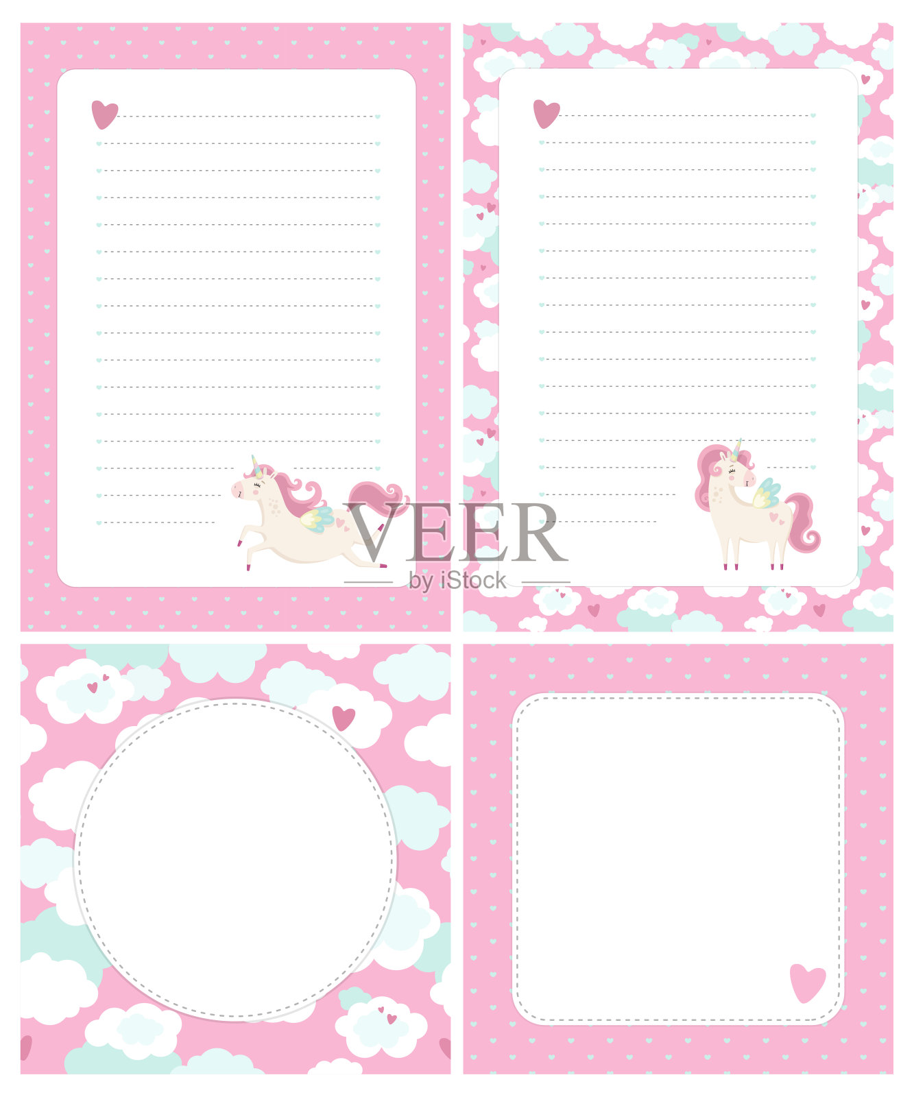 一套可爱的卡片，字母，空白，页的笔记在幼稚的风格在独角兽主题。设计模板素材