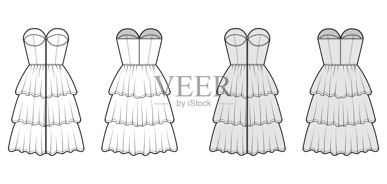 拉链紧身衣技术时尚插图与无肩带，合身的身体，3排长度膝盖褶层裙设计元素图片