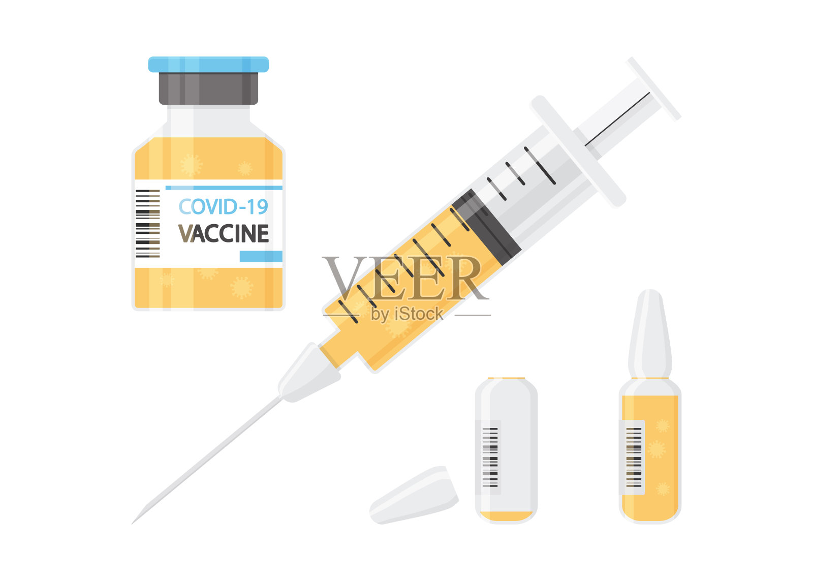 冠状病毒疫苗注射器和小瓶，药瓶和安瓿，白色背景上分离液体。医疗矢量图插画图片素材