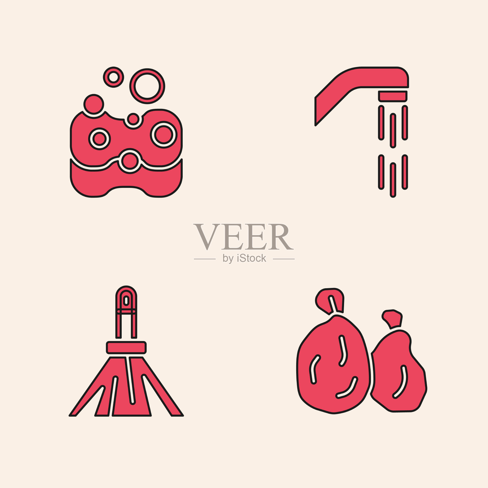 设置垃圾袋、海绵、淋浴喷头及拉手图标素材