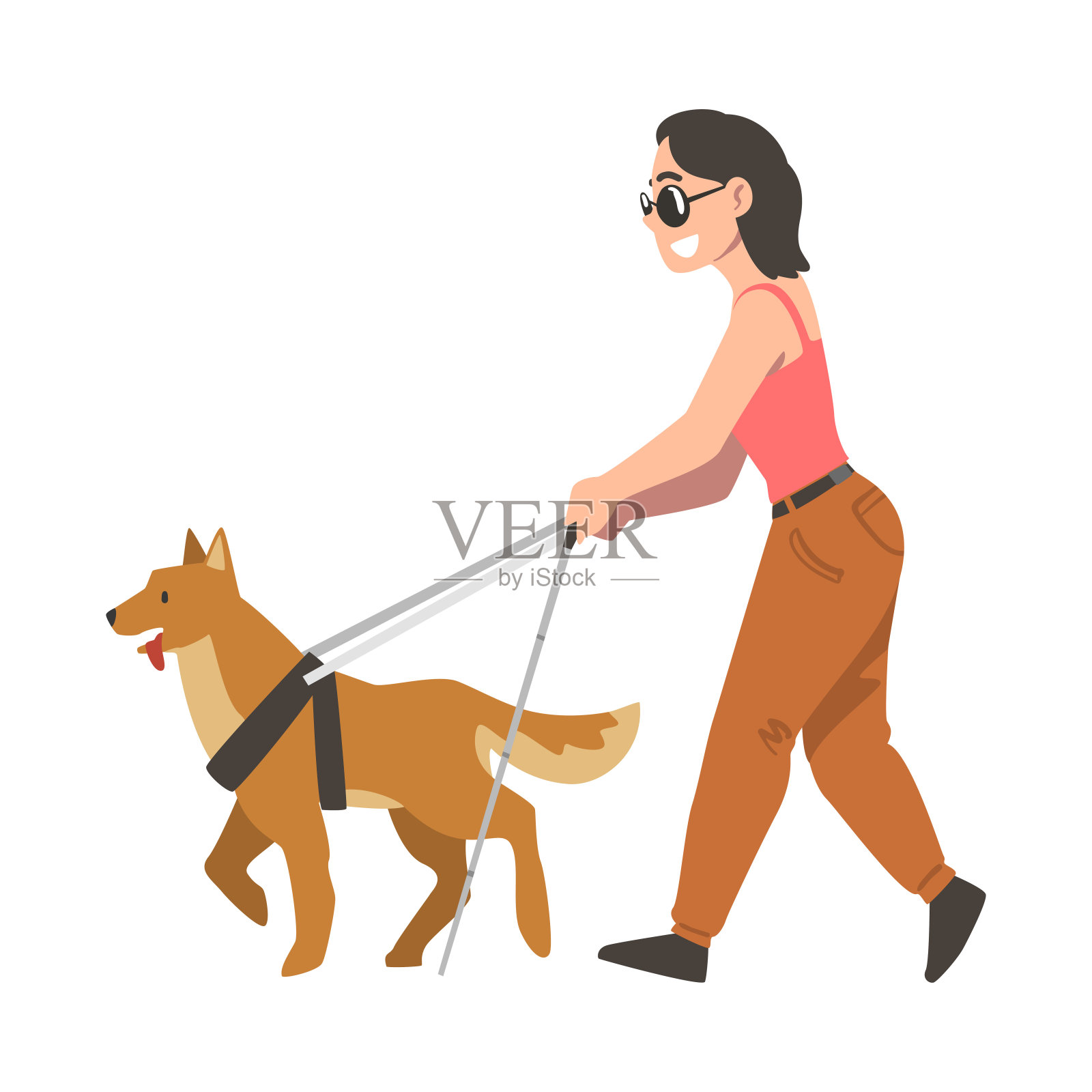 导盲犬引导盲人妇女戴眼镜，训练动物帮助残疾人卡通矢量插图插画图片素材