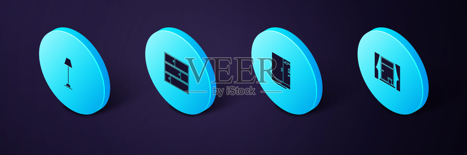 设置等距窗与窗帘，淋浴房，货架和落地灯图标。向量图标素材