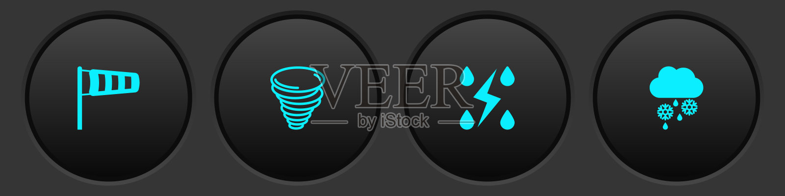 设置圆锥气象风向标，龙卷风，风暴和云与雪和雨图标。向量图标素材