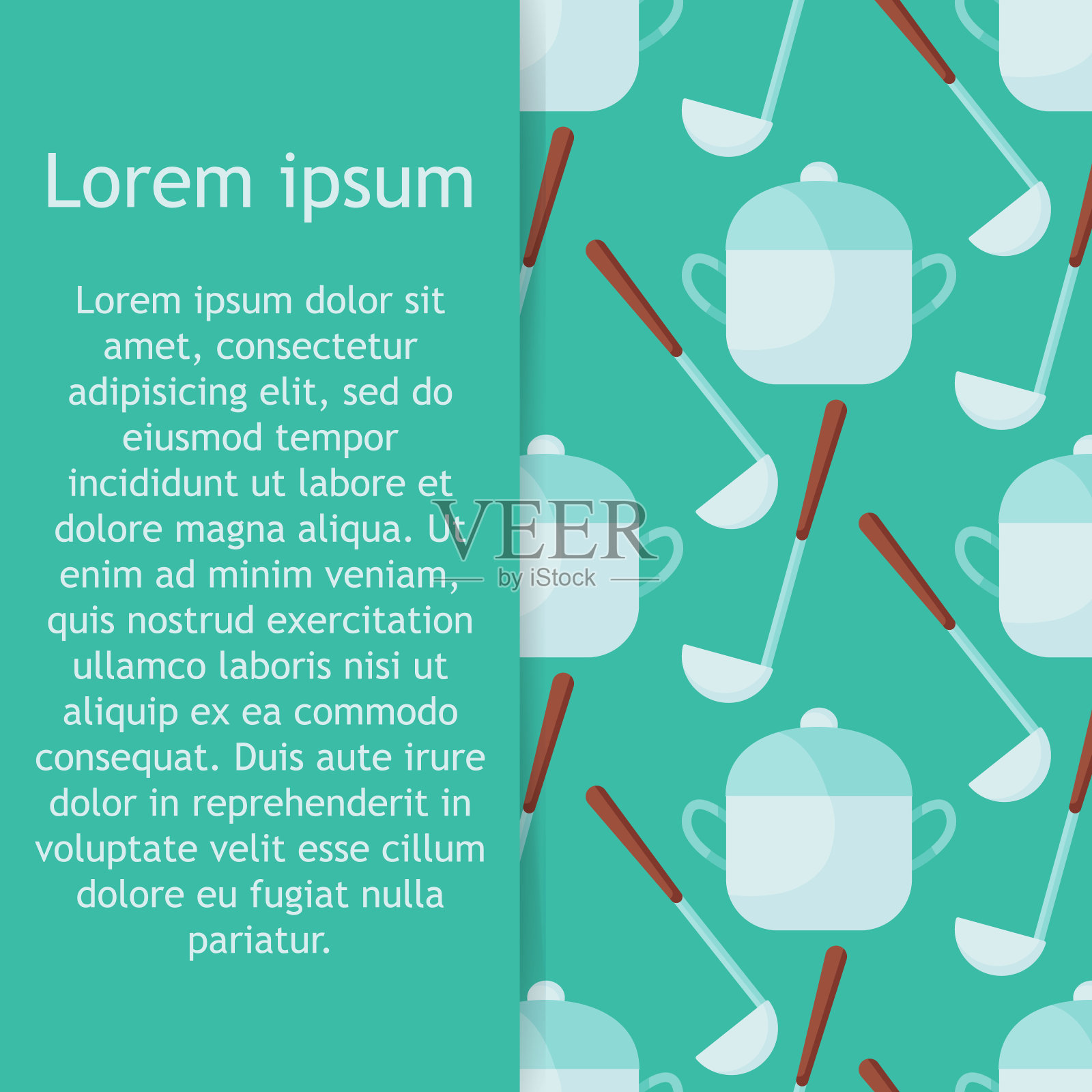 插图图案与厨房用具，它的背景炖锅和长柄勺。矢量图设计模板素材