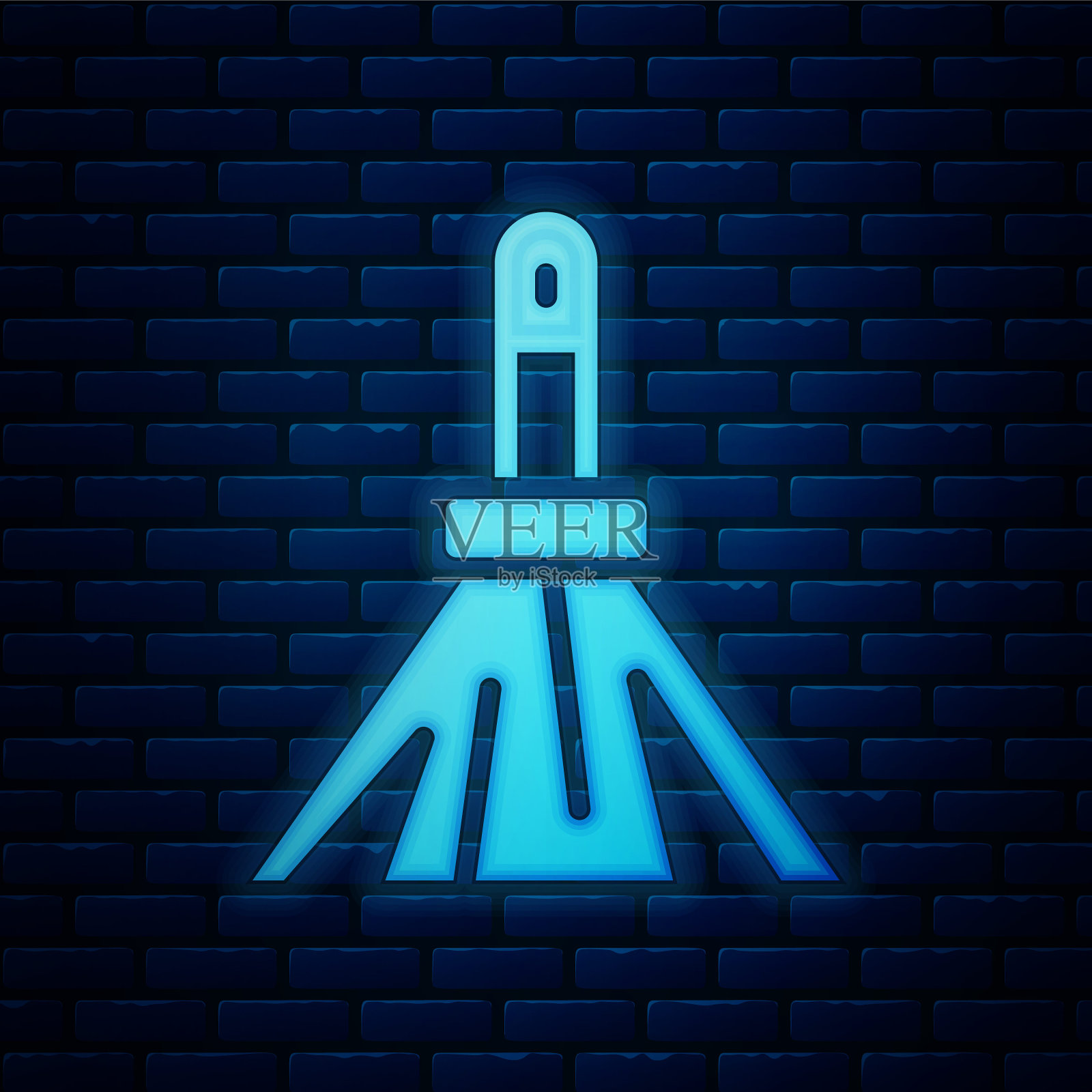 发光的霓虹灯处理扫帚图标孤立的砖墙背景。清洁服务理念。向量插画图片素材